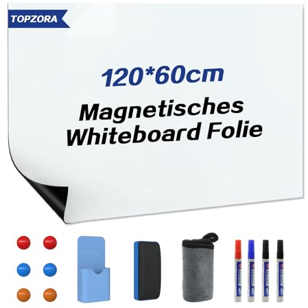 Topzora Magnetisches Whiteboard, 120 * 60cm, Selbstklebende Magnetfolie Weiß Mit 4 Markern, Schwamm & Magneten Für Schule, Büro, Haus