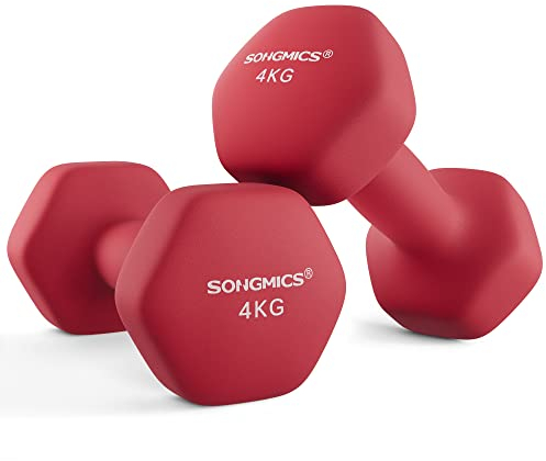 SONGMICS Lot de 2 Haltères, 2 x 4 kg, Haltères Hexagonaux avec Surface en Vinyle, pour Fitness, Exercice, Entraînement, pour Salle de Sport, Domicile, Rouge Rubis SYL908R01