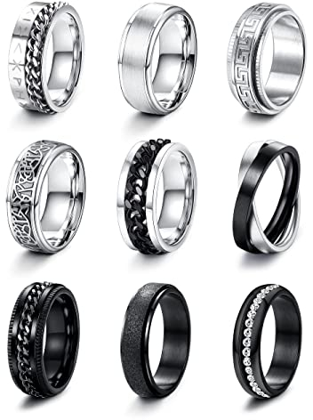 CASSIECA 9 Stück Edelstahl Ringe Herren Fidget Spinner Anti Angst Ringe Band Ketten Ringe Silber Schwarze Ehering Verlobungsringe Zappel Ring Geburtstag Geschenke für Herren Größe 54