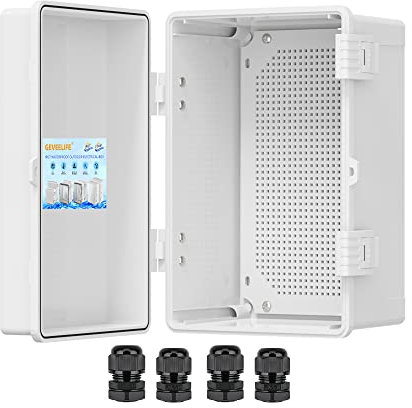 Outdoor Electrical Box Weatherproof, ABS Plastic Junction Box IP67 Hinged Cover Project Box with Mounting Plate Wall Brackets and 4 Cable Glands, Grey Electrical Enclosure 11.8x7.9x6.7