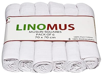 Linomus Muslin Squares- Pack of 6 (70 x 70 cm) - Soft, Absorbent & Breathable 100% Pure Cotton Muslin Cloths for baby-Burp Cloths - Ideal to Clean, Wipe & Cover Newborns - White Snow Theme