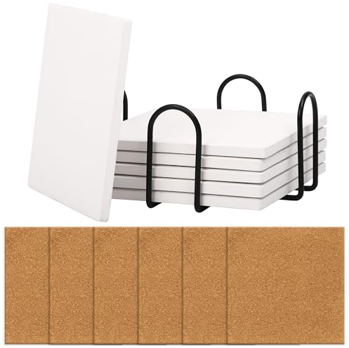 Belle Vous 6 Sottobicchieri Quadrati in Ceramica Bianca con Supporto Sughero - 12 cm - Sotto Bicchieri da Tavola non Smaltati - per Artigianato Fai da Te Pittura Inchiostro Acrilico