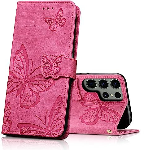 CXTcase Cover per Samsung Galaxy S23 Ultra, Custodia a Libro in Pelle PU Portafoglio Protettiva, Flip Caso Cover Case, Rosa Rossa