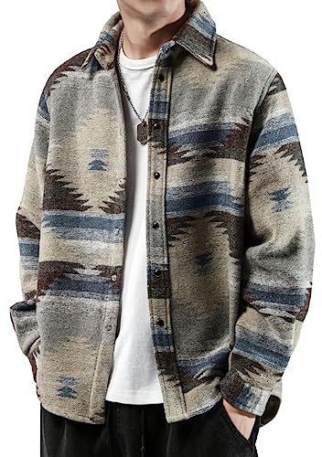 FindThy Herren gebürstetes Flanellhemd mit ethnischem Azteken-Muster, durchgeknöpfte Revers-Hemd-Jacke im Tribal-Design, GRAU, XX-Large