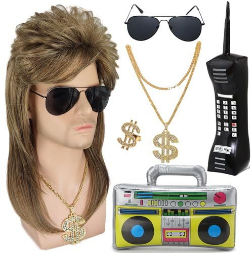 Vokuhila Perücke Herren 80er Jahre Perücke Set Blond-Braun Kunsthaar mit Retro Hip Hop Radio Ballon Bad Taste Party Mottoparty Karneval Disco Rockstar Proll Kostüm Accessoires V012