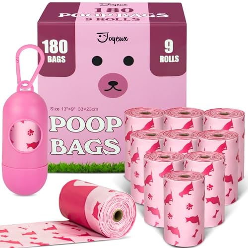 Hundbajspåsar rullar med dispenser, läckagesäker, extra tjocka hundavfallspåsar för husdjur, 180 st bajspåse och hundhållare för hundar katter, doftfri, rosa