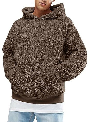 WILMOT Pullover Herren Hoodie Herren Kapuzenpullover Plüsch Hoodie Sweatshirt Teddy-Fleece Pullover mit Taschen(Coffee,L)