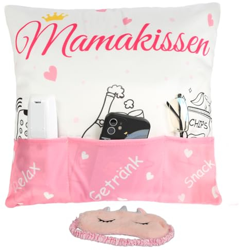 LAMEK 2Tlg Mama Kissenbezug mit 6 Tasche Mutter Kissenbezüge Rosa Mamas Kissenhülle mit Augenmaske Muttertaggeschenk Geschenk für Mama Mutter Geburtstag Weihnachten Muttertag