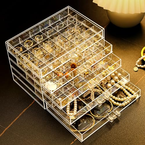 Jinavoty Caja de almacenamiento de aretes, caja de almacenamiento de joyería acrílica, caja organizadora de aretes transparente con 3 cajones para mujeres y niñas (5 cajo
