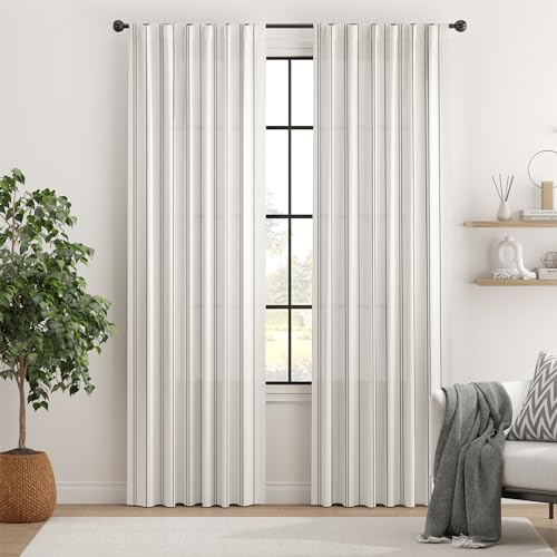 TOPICK Gestreifte Gardinen Vorhänge mit Schlaufen Streifen Halbtransparent Rutentasche Modern Fenstervorhänge Schlafzimmer 2er Set H210 x B132 cm Schwarz auf Weiß