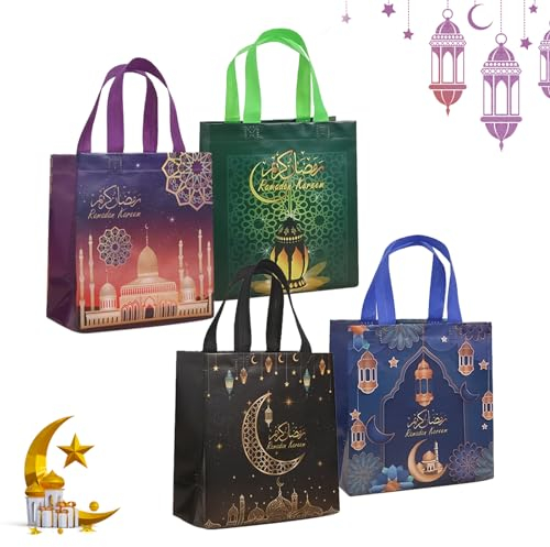 4 Stück Eid Mubarak Geschenktüten Ramadan Mubarak Taschen 23.5 * 22 * 11cm Eid Mubarak Tüten Geschenktüte Mubarek Ramazan Ramadan Dekoration für Kinder Muslim Ramadan Dekoration