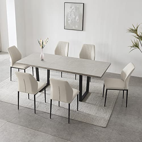 jiexi Modernes Esstisch-Set für 6–8 Personen,Tisch für platzsparend, rechteckig, Küchen-Esstisch für Zuhause, Familie (Ausziehbarer Tisch + 6 weiß Stühle)