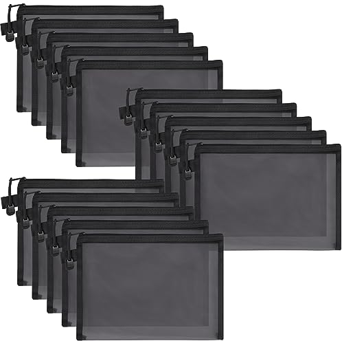 Loppdece 15 Stück Mesh Tasche Reisetasche aus Netzstoff, Zip Mesh Reißverschluss Beutel Stifteetui, Nylon-Netzbeutel für Büro Reisen Schule Aufbewahrungsbeutel Kosmetik (Schwarz)