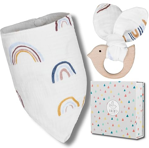 LILEJO Baby Geschenk zur Geburt für Junge und Mädchen - Baby Lätzchen und Beißring in toller Geschenkbox - für Babyparty, Gender Reveal oder Baby Shower für frischgebackene Eltern new born baby gifts