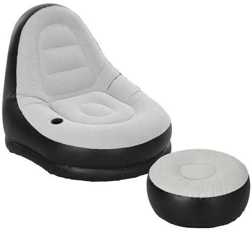Outsunny Inflatable Chair and Footstool, Inflatable Sofa Lounger with Soft Plush Fabric and Cup Holder, for Camping, Gaming, Reading and Movie Watching, Grey