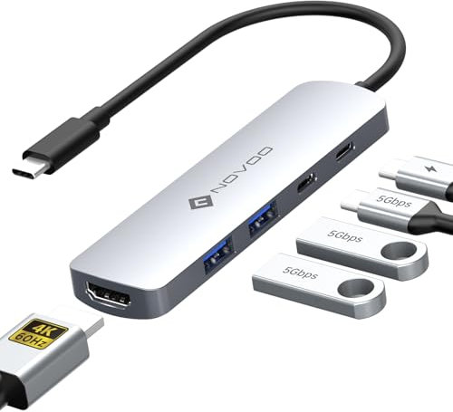 NOVOO USB C HDMI Hub, Adaptador USB C 5 en 1 con 4K@60Hz HDMI, Datos USB-C 3.0 5Gbps, PD 100W, 2 USB-A 3.0, Dongle USB C Compatible para MacBook M3/Surface/XPS/Chromebook/iPhone 15/Steam Deck