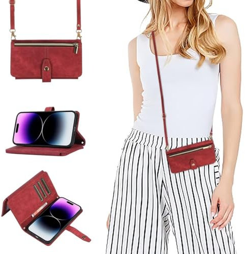 xinyunew Funda Billetera para Huawei P20 Lite con Cuerda y Tarjetero, Carcasa de Cuero PU con Soporte Plegable, Flip Magnética Antigolpes, Compatible con Huawei P20 Lite,Rojo