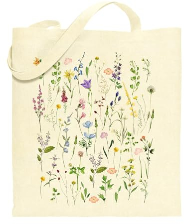 Baumwolltasche Bedruckt Stoffbeutel Aesthetic Canvas Tote Bag 35 x 42 x 8 cm, Einkaufstasche mit Wilden Blumen Handtasche mit Innentasche, Geschenke für Frauen Mama Kollegin Geburtstag