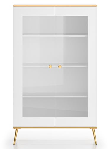 Lomadox Vitrinenschrank 92cm breit weiß mit goldfarbigen Akzenten Wohnzimmer Esszimmer Vitrine modern schmal