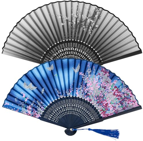 2PCS Handfächer Faltbare Fächer, Bambusfächer Handfächer aus Stoff für eine Abkühlung im Sommer, Chinesische Fächer Taschenfächer Klappfächer für Hochzeite Bevorzugung Aufführung Tanz Dekoration (A)