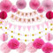 Pink Birthday Decorations for Girls - 48Pcs Women Happy Birthday Banners Set Paper Fan Paper Pompom Pennant Banner Premium Reusable Birthday Party Decorations for Wife Daughter Sister Girl Woman