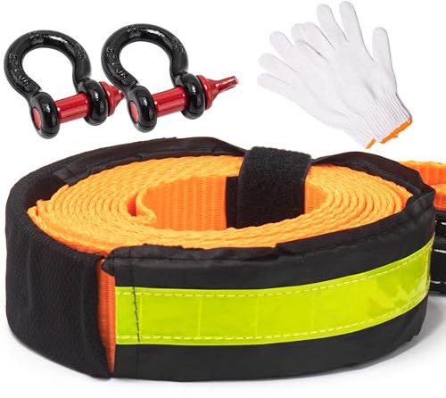 Abschleppseil Auto 10T, 5M x 5cm Notfall Abschleppgurt Verstärkte Schlaufenende, Tow Rope Kit Heavy Duty mit Hohe Festigkeit Schäkel und Rutsch Handschuhe für Off-Road Recovery