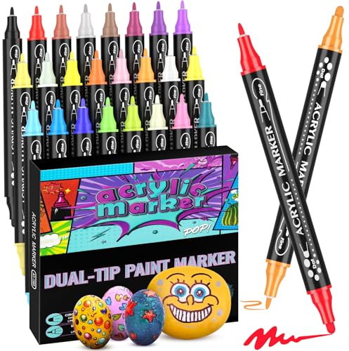 Feutre Acrylique Peinture, 24 Pcs Acrylic Paint Marker Double Pointe Ronde et Fine, Marqueurs Acryliques 24 Couleurs Stylo Peinture, pour Peinture des Rochers, Céramique Tissu Papier Verre Plastique