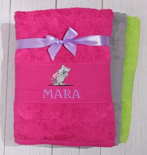BotoHome ★ Duschtuch 70x140 mit Namen mit Aufhänger ★ Handtuch 50x100 mit Namen und Motiv Bestickt ★ 500 g/m2 ★ 100% Baumwolle ★ SUPER QUALITÄT ★ Geschenk ★ (Pink, 70 x 140 cm + Motiv)