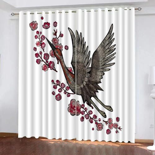 Rideaux occultants de style japonais pour chambre d'enfant Motif grue Blanc 3D 2 panneaux (150 x 166 cm) Idéal pour chambre d'enfant, garçon, fille, adolescent et chambre de bébé