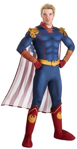 Adult Homelander Costume | Men's The Boys Vought Supe Blue Superhero Uniform Jumpsuit w/Flag Cape & Eagle Epaulets