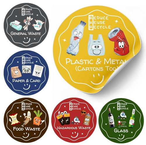 Galatians® Pack of 6 Bin Stickers Recycling and General Waste | Ø10cm, English, Glowy | Educative, Funny | Recycle Bin Stickers