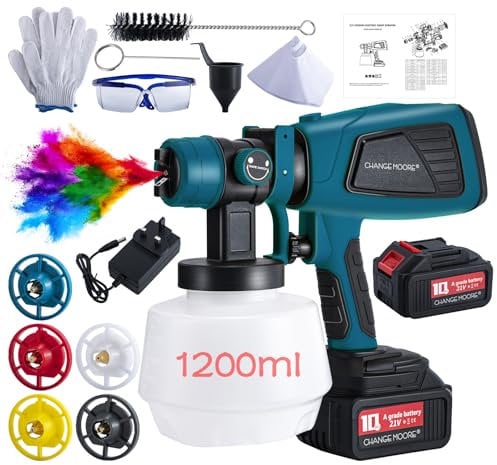 CHANGEMOORE Cordless Paint Sprayer - 2 x 4A Batteries 1200ml Contariner, Brushless Paint Spray Gun with 6 Nozzles & 3 Sprayer Patterns, Charger, Adjustable Air Flow for House Garden Furniture, Blue