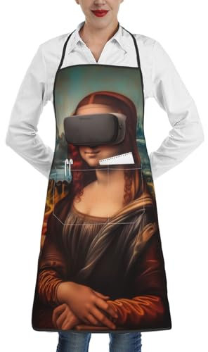 Anceky Color-4 Die Mona Lisa, die Tee trinkt, Schürze für Männer und Frauen, Kochschürze mit Taschen
