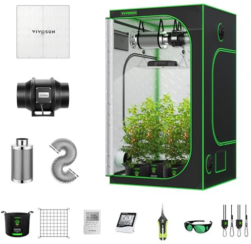 VIVOSUN Growzelt Komplettset 120x120x200cm, Grow Box Komplettset für Indoor Anbau, LED Vollspektrum Lampe 2 × 200W, 150mm Belüftung, Temperatur- & Hygrometer, Grow Bags, Gartenschere & Timer