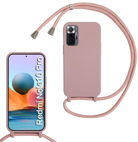 TQmchun Coque Compatible avec Redmi Note 10 Pro 4G, Réglable Lanyard Case TPU Anti-Choc Silicone Liquide Souple Étui avec Cordon Doux Portable Protection Cover,Sable Rose