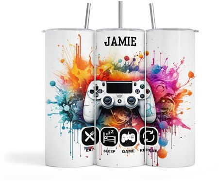 Personalised White Skinny Stainless Steel Insulated Tumbler Gaming Drinks Bottle for Boys Girls 18th 21st Birthday Christmas