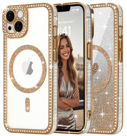 Ethanger Magnetic Glitter Case for iphone 13, Bling Border, Gold | Compatible with MagSafe, Sparkle Rhinestone Border, with Removable Glitter Insert, Protective Shockproof for Women Girls