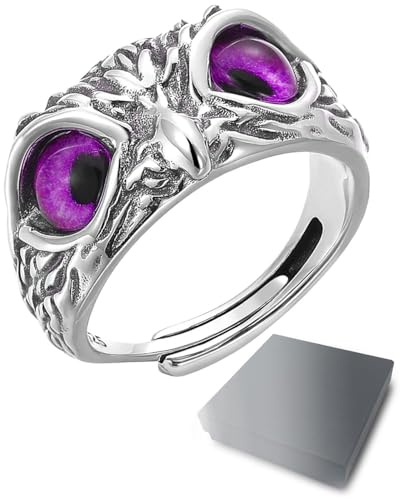 HSIXHAF 1 PCS Eulenring mit Einstellbare Öffnung, Ringe für Frauen und Mädchen, Lila Augen, Wednesday, Mit schwarzer Geschenkbox