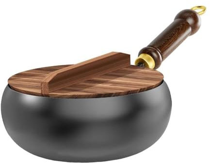 Uncoated Iron Pan with Wooden Lid, 24/28 cm Diameter No Coating for Gas Stoves and Induction Hobs, Big Belly Pot Metal Iron Pan Stock Pot for Cook Asian Dishes for 4-6 People (24 CM)