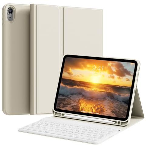 KTGGHG for iPad A16 11th/10th Gen Bluetooth Keyboard Case, White Cream | Detachable Bluetooth keyboard with pencil holder, multi-angle stand, AUTO wake/sleep for school, office, painting, travel