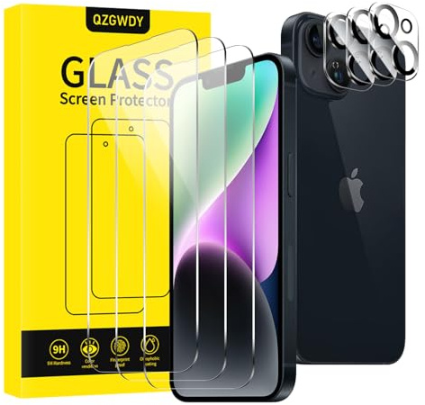 QZGWDY Für iPhone 14 für Schutzfolie 3 Stück und 3 Stück Kameraschutzfolien, HD Schutzglas Folie Displayschutzfolie Hartglasfolie Gehärtete Glas Displayschutz 9H Härte, Bläschenfrei, UltraHaltbare