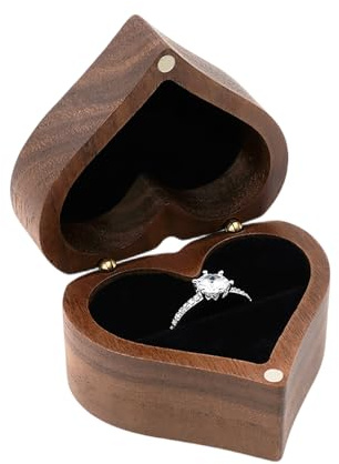 Amexo Herzförmige Ringbox Holz Ringschatulle, Walnussholz Ringbox mit Schwarz Samt, Holz Ringträger Ohrring Schmuck Box für Vorschlag Hochzeit Verlobung (C)