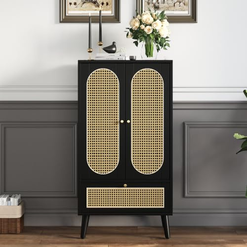 Merax Sideboard – Kommode mit 2 Türen und 1 Schublade, Elegantes Rattan-Design, Schwarz, Aufbewahrungsschrank mit höhenverstellbaren Füßen, 110 cm hoch