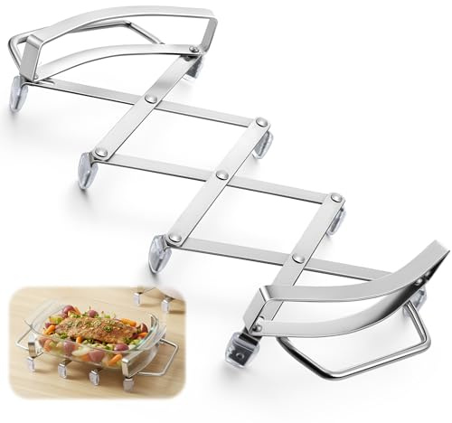 Expandable Trivet with Handles, Stainless Steel Hot Plate Holder | Upgraded Non-Slip Base, Expanding Trivet Holder for Dishes, Casserole, Hot&Cold Cookware(Up to 9 Rectangular &10.6 Round)