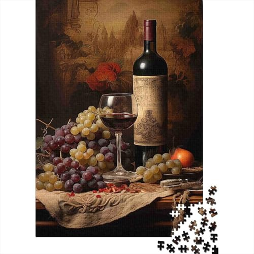 Rotweinflasche 1000 Teile Puzzle Papier für Erwachsene Stilleben Trauben Puzzle für Familie Entspannung Wohnkultur Geschenk 70x50cm/1000pcs