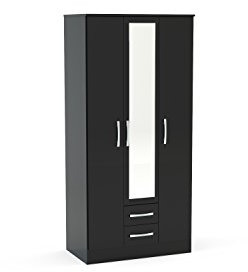 Birlea Lynx 3-Door 2-Drawer Wardrobe With Mirror - High-Gloss, Black
