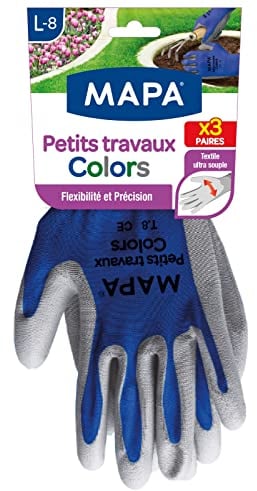 MAPA - Petits Travaux Colors x3 - Gants de Jardinage Ultra souples en Polyamide - Polyvalents pour tous les petits travaux de jardinage - 3 paires - Coloris Bleu/Vert/Gris - Taille L