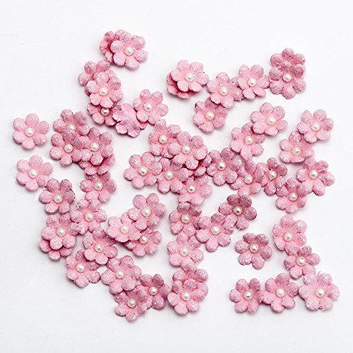 1cm Mini Glitter Paper Craft Flowers - Pink (Pack of 60)