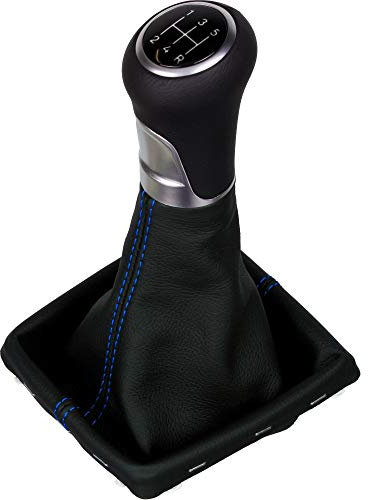 ICT Schaltknauf 3A Schaltsack Schaltmanschette kompatibel mit Ford Focus MK2 (04–08), MK2 Facelift 08–11Leder Naht blau, 5 gang (LED rot)