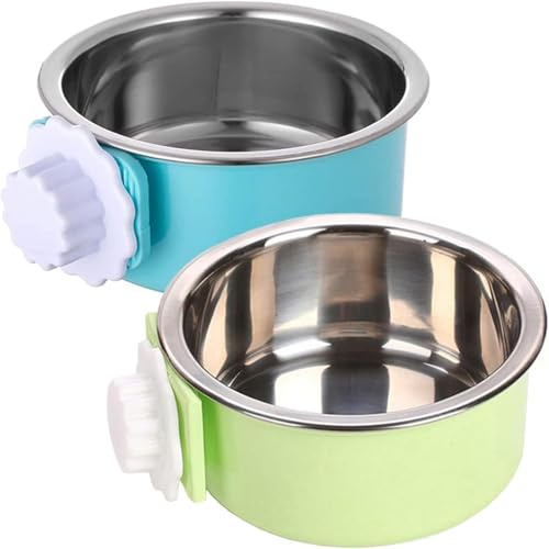 kathson Crate Dog Bowl, Removable Stainless Steel Hanging Pet Kennel Cage Bowl Food & Water Feeder Coop Cup for Puppy, Cat, Rabbit, Guinea Pigs Ferret Bird (2 PCS, Size: M, Blue and Green)
